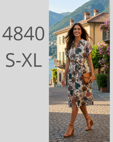 Mujer sonriente con vestido floral, caminando por una calle pintoresca junto al agua.