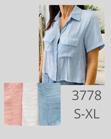 Blusa de botones de rayas con dos bolsillos, disponible en azul, rosa y blanco, tallas S-XL.