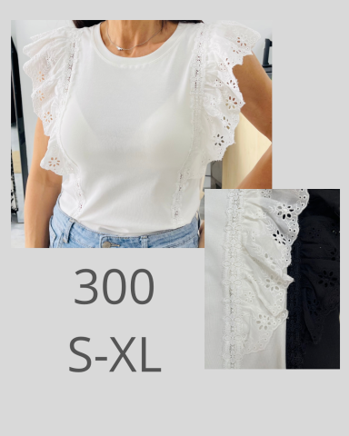 Top blanco con mangas de encaje, disponible en tallas S-XL.