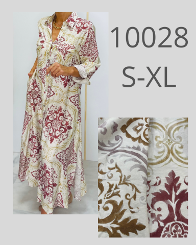 Vestido largo con estampado floral en tonos burgundy y dorado, tallas S-XL.