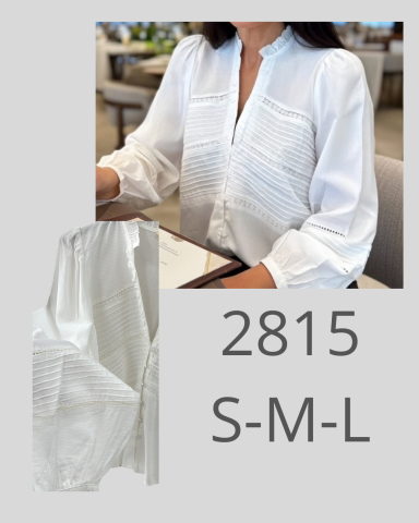 Blusa blanca de manga larga con detalle de pliegues, disponible en tallas S-M-L.