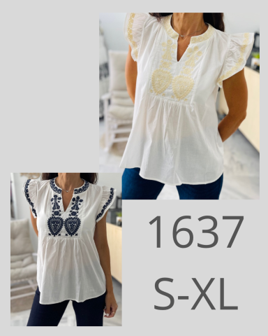Blusa blanca con detalles bordados, disponible en tallas S-XL.
