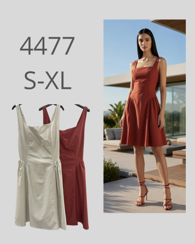 Vestidos en colores claros y oscuros, modelo 4477, tallas S-XL, con modelo posando.