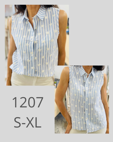 Camisa sin mangas azul con rayas y patrones amarillos, disponible en tallas S-XL.
