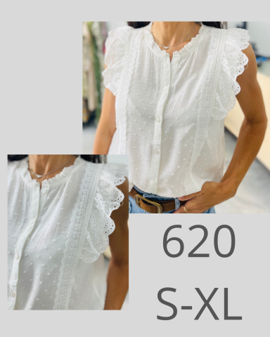 Blusa blanca sin mangas con volantes en los hombros, disponible en tallas S-XL.