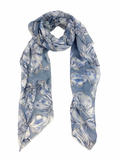 Bufanda azul con estampado floral en tonos blancos.