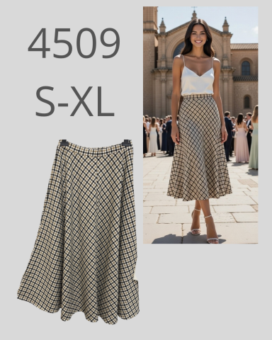 Falda larga de estampado en tonos claros, disponible en tallas S-XL.