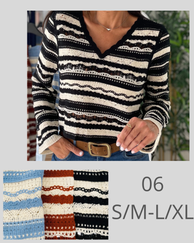 Suéter de rayas en tonos blanco, negro, azul y terracota, con escote en V. Tallas S/M-L/XL.