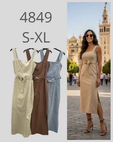 Vestido largo disponible en tres colores: beige, marrón y azul. Tallas S-XL.