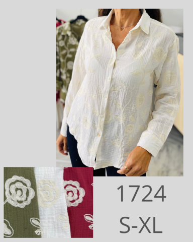 Camisa blanca de botones, mostrada en una modelo, disponible en tallas S-XL.
