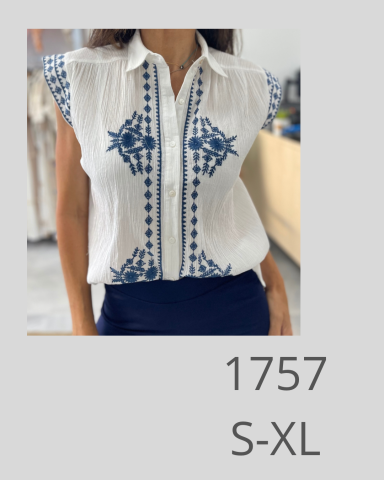 Camisa blanca sin mangas con bordado azul, tallas S-XL.