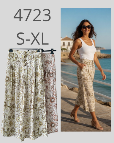 Mujer caminando junto al mar, usando una blusa blanca y falda floral. Modelos de falda al lado.