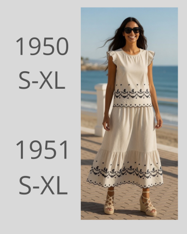 Mujer con vestido claro y detalles en negro, frente al mar. Texto de referencia a dos modelos.