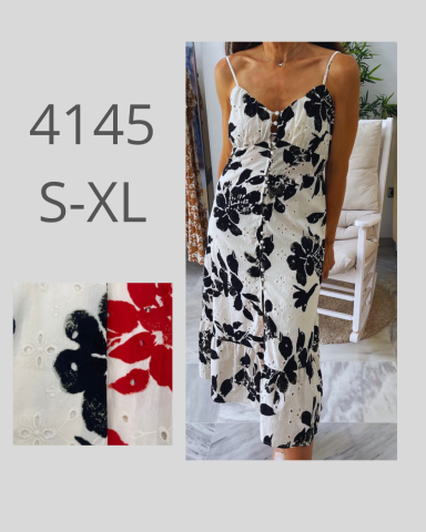 Vestido floral blanco con negro y rojo, disponible en tallas S-XL. Modelo de mujer.