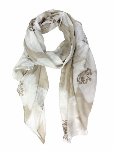 Bufanda blanca con estampado en tonos beige y diseño floral.