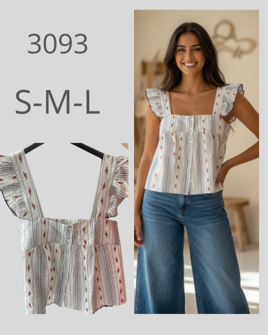 Top de mujer con tirantes y volantes, estampado blanco y rojo, acompañado de pantalones anchos.