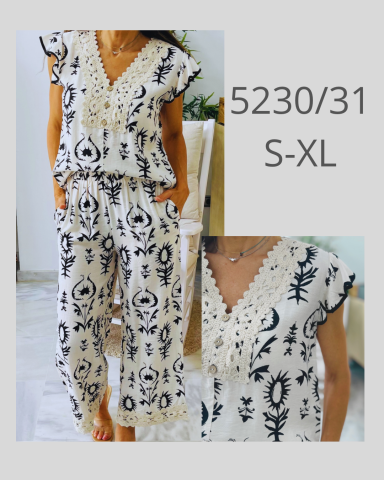 Conjunto de dos piezas en tonos claros con estampado floral y detalles bordados. S-XL.