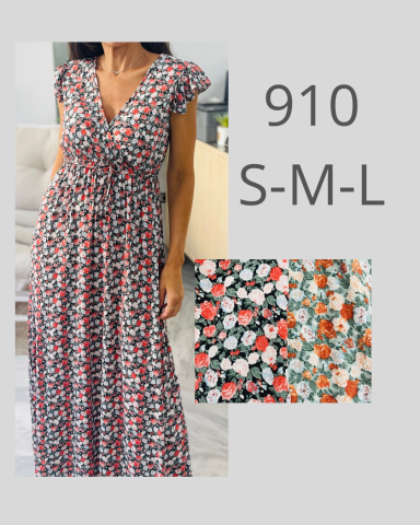 Vestido largo con estampado floral en tonos rojos, verdes y negros. Tallas S, M, L.