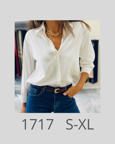 Camisa blanca de estilo casual con un cuello clásico y jeans ajustados. Tamaño S-XL.