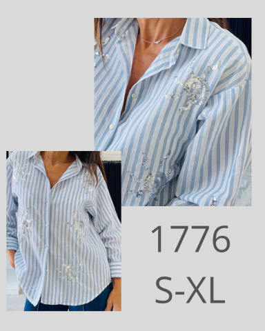 Camisa de rayas azul con bordados, disponible en tallas S-XL.