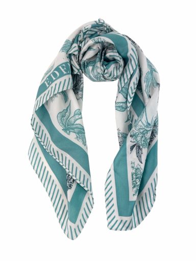 Pañuelo de seda en tonos aqua y blanco con estampado floral.
