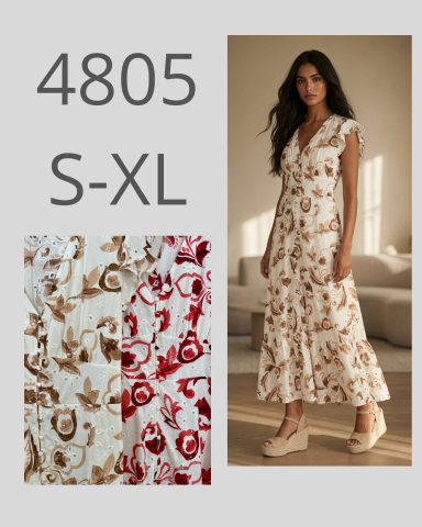 Vestido largo con estampado floral en tonos rojos y marrones, disponible en tallas S-XL.