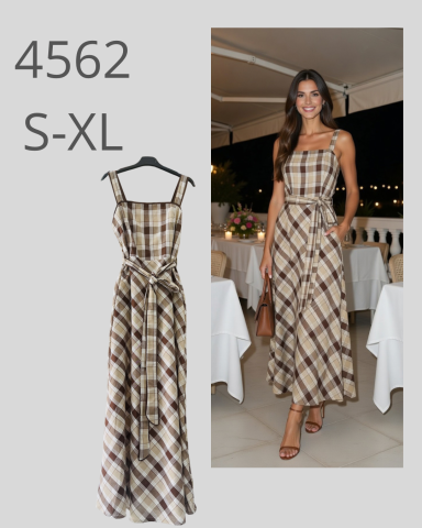 Vestido de cuadros en tonos beige y marrón, con tirantes y corte fluido. Tallas S-XL.