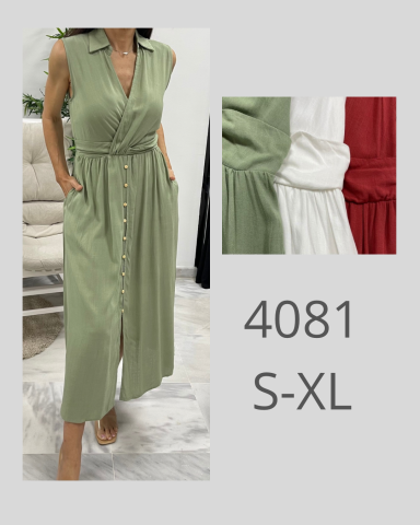 Vestido largo sin mangas en verde, blanco y rojo, con botones y bolsillos. Tallas S-XL.