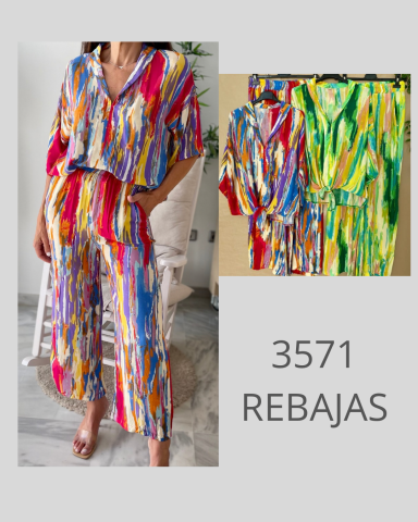 Conjunto colorido de blusa y pantalón en rayas vibrantes, precio en rebajas.