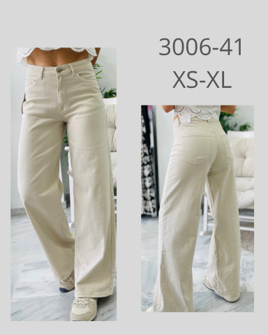 Pantalones beige de corte ancho, vista frontal y trasera, disponible en tallas XS a XL.