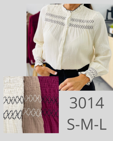 Camisa de mujer de manga larga con detalles bordados, disponible en varios colores y tallas.