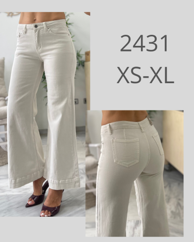 Pantalones anchos de color claro, disponibles en tallas XS a XL.