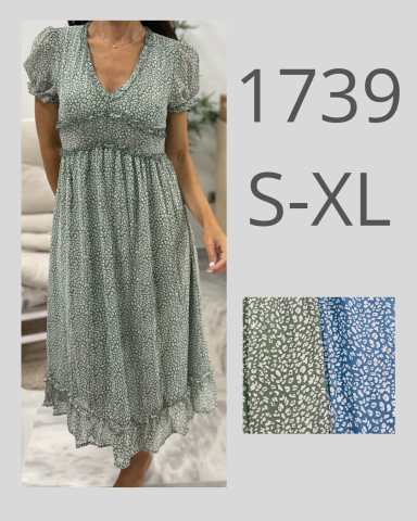 Vestido largo de flores en tonos verde y azul, disponible en tallas S a XL.