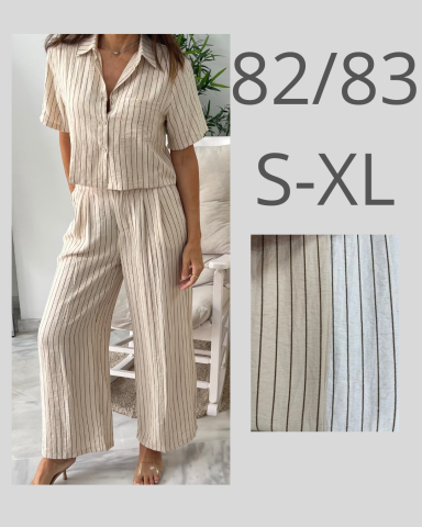 Mujer vestida con conjunto de pantalón y camisa en tonos beige, muestra tallas S-XL.