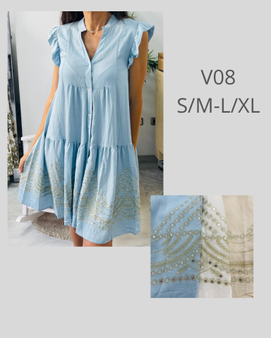 Vestido ligero azul claro con detalles en verde, disponible en tallas S/M-L/XL.