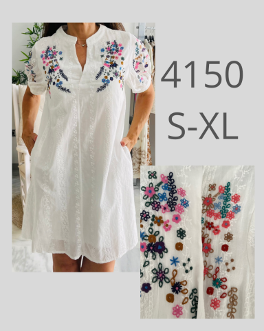 Vestido blanco con bordados coloridos en el pecho y mangas, tallas S-XL.