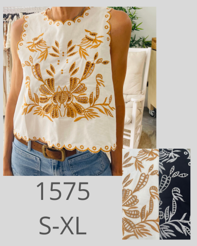Top sin mangas con bordado floral en tonos beige y naranja, disponible en tallas S-XL.