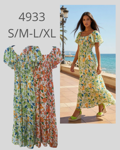 Modelo femenina usando un vestido floral, con fondo de playa y dos opciones de vestido a un lado.