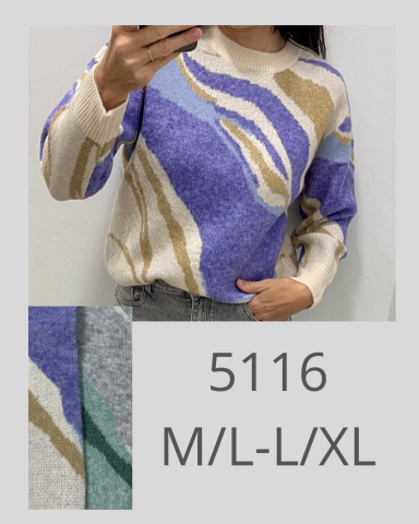 Suéter de mujer en tonos púrpura, beige y verde, con diseño abstracto, talla M/L-L/XL.