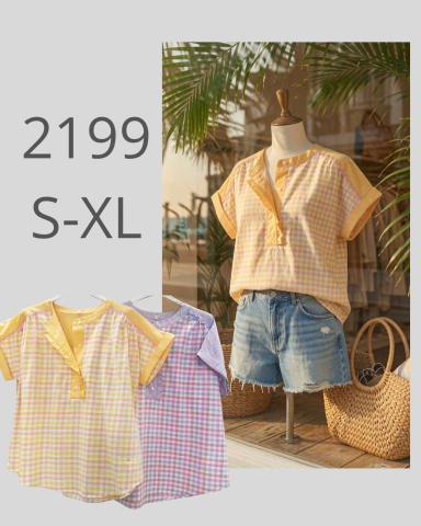 Conjunto de blusas de rayas amarillas y lilas, con pantalones cortos vaqueros. Tallas S-XL.