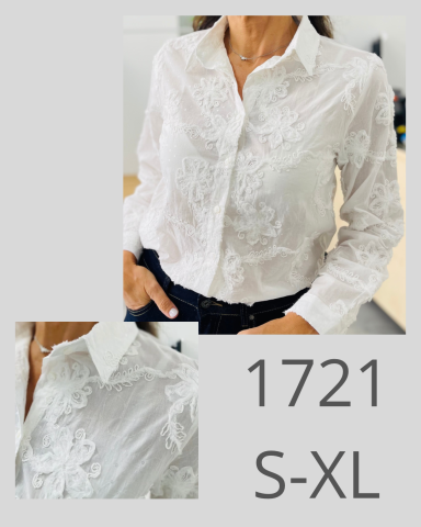 Camisa blanca de manga larga con detalles de encaje, disponible en tallas S a XL.