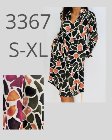 Vestido con estampado abstracto en colores negro, naranja, morado y verde. Tallas S-XL.