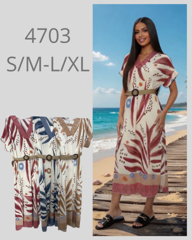 Vestido largo de verano con estampado de hojas, cinturón y opciones de talla S/M y L/XL.
