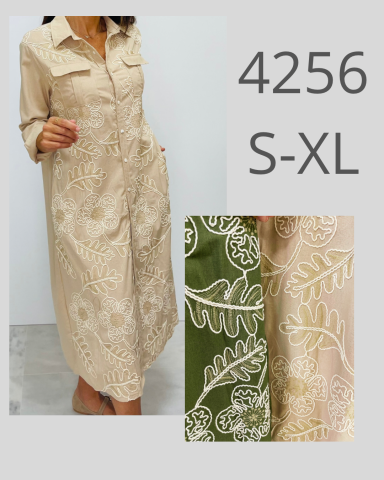 Vestido largo beige con bordados de hojas, disponible en tallas S-XL.
