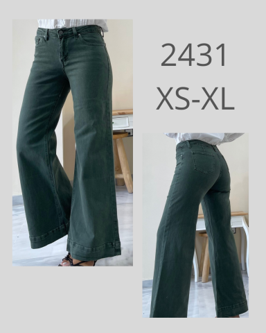 Pantalones de campana verde oscuro, talla XS-XL, vista lateral y trasera.