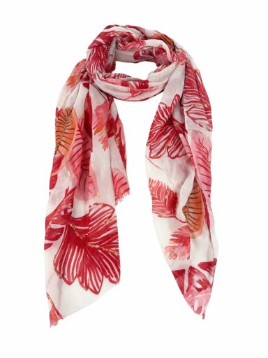 Bufanda de seda con estampado floral en tonos rojos y fondo claro.