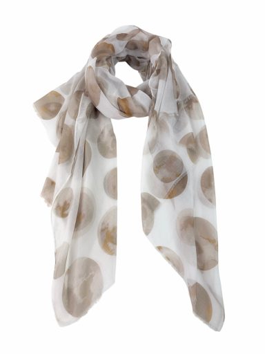 Foulard transparente con estampado de círculos en tonos marrones y beige.