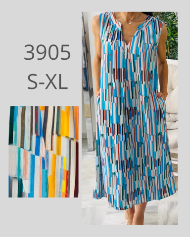 Vestido sin mangas de tonos azules y multicolores, con bolsillo y corte relajado.
