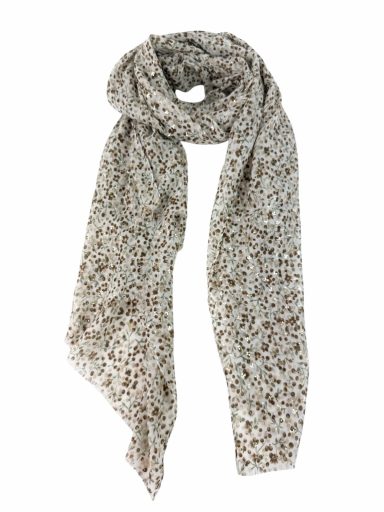 Bufanda ligera con un estampado floral en tonos beige y marrón.