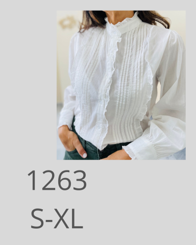 Blusa blanca con detalles de pliegues y manga larga, disponible en tallas S-XL.
